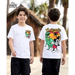 Pine Kids Disney Single Jersey Knit Half Sleeves T-Shirt with Front & Back Mickey & Dino Graphic - White