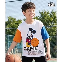 Pine Kids Disney Single Jersey Knit Drop Shoulder Half Sleeves T-Shirt with Mickey Mouse Graphic - White