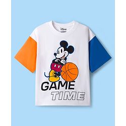 Pine Kids Disney Single Jersey Knit Drop Shoulder Half Sleeves T-Shirt with Mickey Mouse Graphic - White