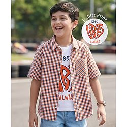 Pine Kids 100% Cotton Woven Full Sleeves Checks Shirt & Sleeveless Tank T-Shirt With Text  Print - Multicolour