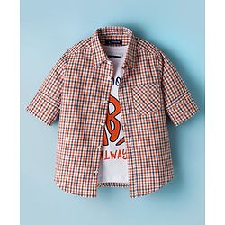 Pine Kids 100% Cotton Woven Full Sleeves Checks Shirt & Sleeveless Tank T-Shirt With Text  Print - Multicolour