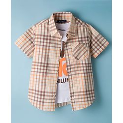 Pine Kids 4-5Y Male Multicolour 100% Cotton Woven Half Sleeves Checks Shirt With Sleeveless Tank T-Shirt