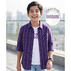 Pine Kids 8-9Y Male Purple 100% Cotton Woven Full Sleeves Checks Shirt With Sleeveless Tank T-Shirt