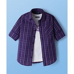 Pine Kids 8-9Y Male Purple 100% Cotton Woven Full Sleeves Checks Shirt With Sleeveless Tank T-Shirt
