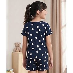 Pine Kids Single Jersey Knit Half Sleeves T-Shirt & Shorts Night-Suit With Star & Text Print - Blue