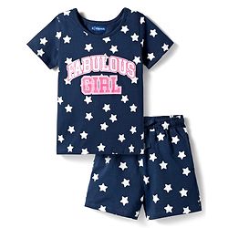 Pine Kids Single Jersey Knit Half Sleeves T-Shirt & Shorts Night-Suit With Star & Text Print - Blue