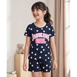 Pine Kids Single Jersey Knit Half Sleeves T-Shirt & Shorts Night-Suit With Star & Text Print - Blue