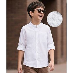 Pine Kids Cotton Woven Full Sleeves Mandarin Collar Solid Shirt - White