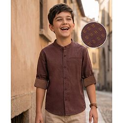 Pine Kids Cotton Woven Full Sleeves Mandarin Collar Printed Shirt - Brown