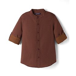 Pine Kids Cotton Woven Full Sleeves Mandarin Collar Printed Shirt - Brown