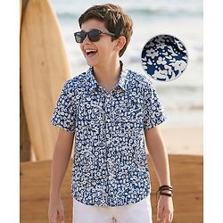 Pine Kids Cotton Knit Half Sleeves Floral Printed Shirt - Blue
