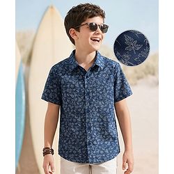Pine Kids Cotton Knit Half Sleeves Shirt With Floral Printed - Navy Blue