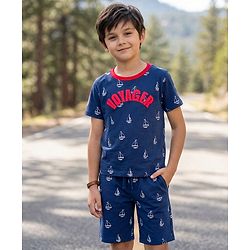 Pine Kids 100% Cotton Knit Half Sleeves Nautical Theme Printed  Co-Ords T-Shirt & Shorts Night Suit - Navy Blue