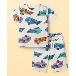 Pine Kids Single Jersey Knit Half Sleeves T-Shirt & Shorts Co-ord Night Suit With Skateboard Print - Off White