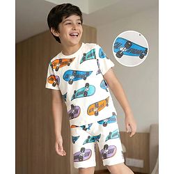 Pine Kids Single Jersey Knit Half Sleeves T-Shirt & Shorts Co-ord Night Suit With Skateboard Print - Off White