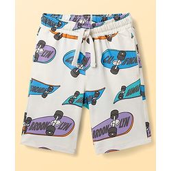 Pine Kids Single Jersey Knit Half Sleeves T-Shirt & Shorts Co-ord Night Suit With Skateboard Print - Off White