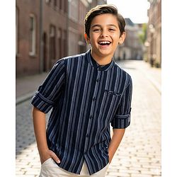 Pine Kids Cotton Woven Full Sleeves Striped Shirt - Navy Blue