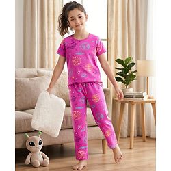 Pine Kids Single Jersey Knit Half Sleeves Space Theme Printed Co-Ord T-Shirt & Pyjama Night Suit Set - Purple