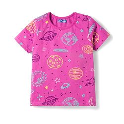 Pine Kids Single Jersey Knit Half Sleeves Space Theme Printed Co-Ord T-Shirt & Pyjama Night Suit Set - Purple