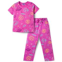 Pine Kids Single Jersey Knit Half Sleeves Space Theme Printed Co-Ord T-Shirt & Pyjama Night Suit Set - Purple