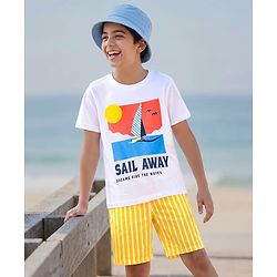 Pine Kids Single Jersey Knit Half Sleeves T-Shirt & Shorts Night Suit With Boat Print - White