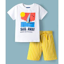 Pine Kids Single Jersey Knit Half Sleeves T-Shirt & Shorts Night Suit With Boat Print - White
