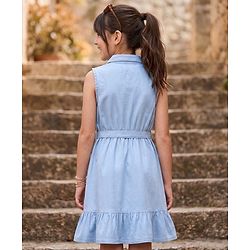 Pine Kids Cotton Woven Sleeveless Solid Frock With Front Pocket & Belt - Blue