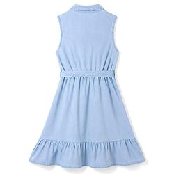 Pine Kids Cotton Woven Sleeveless Solid Frock With Front Pocket & Belt - Blue