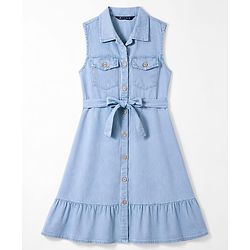 Pine Kids Cotton Woven Sleeveless Solid Frock With Front Pocket & Belt - Blue