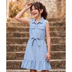 Pine Kids Cotton Woven Sleeveless Solid Frock With Front Pocket & Belt - Blue