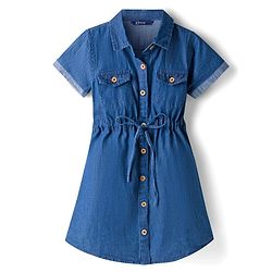Pine Kids Cotton Woven Half Sleeves Solid Colour Shirt Style Dress - Blue