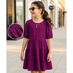 Pine Kids Woven Half Sleeves Solid Colour Tiered Frock - Purple