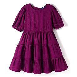 Pine Kids Woven Half Sleeves Solid Colour Tiered Frock - Purple