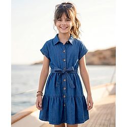 Pine Kids Cotton Woven Half Sleeves Solid Shirt Dress - Blue