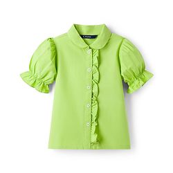 Pine Kids Cotton Woven Half Puffed Sleeves Solid Colour Shirt Style Top with Frill Detailing - Limegreen