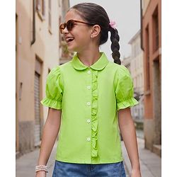 Pine Kids Cotton Woven Half Puffed Sleeves Solid Colour Shirt Style Top with Frill Detailing - Limegreen