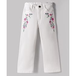 Pine Kids Denim Woven Full Length Floral Embroidered Jeans - White