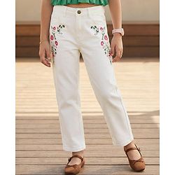 Pine Kids Denim Woven Full Length Floral Embroidered Jeans - White