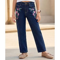 Pine Kids Denim Woven Full Length Floral Embroidered Jeans - White
