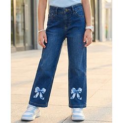 Pine Kids Denim Woven Full Length Bow Printed Jeans - Navy Blue