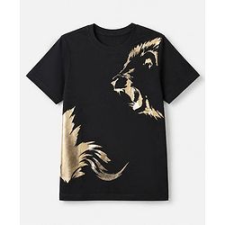 Pine Kids Cotton Knit T-Shirt with Half Sleeves and Lion Print - Black