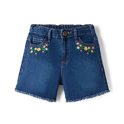 Pine Kids Cotton Elastane Woven Above Knee Length Shorts with Floral Embroidery - Navy Blue