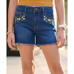 Pine Kids Cotton Elastane Woven Above Knee Length Shorts with Floral Embroidery - Navy Blue