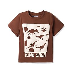 Pine Kids Cotton Knit Half Sleeves T-Shirt With Dino Print - Brown