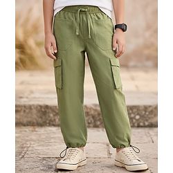Pine Kids 100% Cotton Woven Full Length Solid Trouser With Cargo Pockets - Olive Green