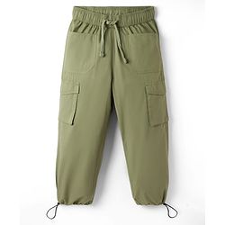 Pine Kids 100% Cotton Woven Full Length Solid Trouser With Cargo Pockets - Olive Green
