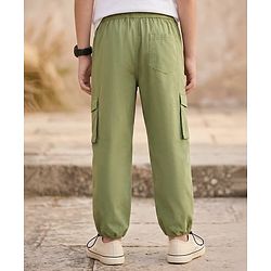 Pine Kids 100% Cotton Woven Full Length Solid Trouser With Cargo Pockets - Olive Green