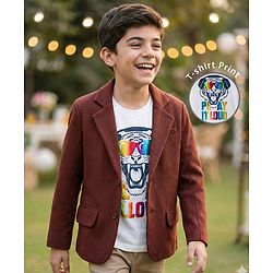 Pine Kids Knit Full Sleeves Party Blazer & Tiger Printed T-Shirt - Brown