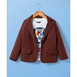 Pine Kids Knit Full Sleeves Party Blazer & Tiger Printed T-Shirt - Brown