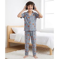 Pine Kids Cotton Knit Half Sleeves Shirt & Pajama Set With Football Print - Light Grey